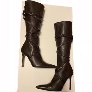Brown Cesar Paciotti heeled leather boots with brown braided detailing